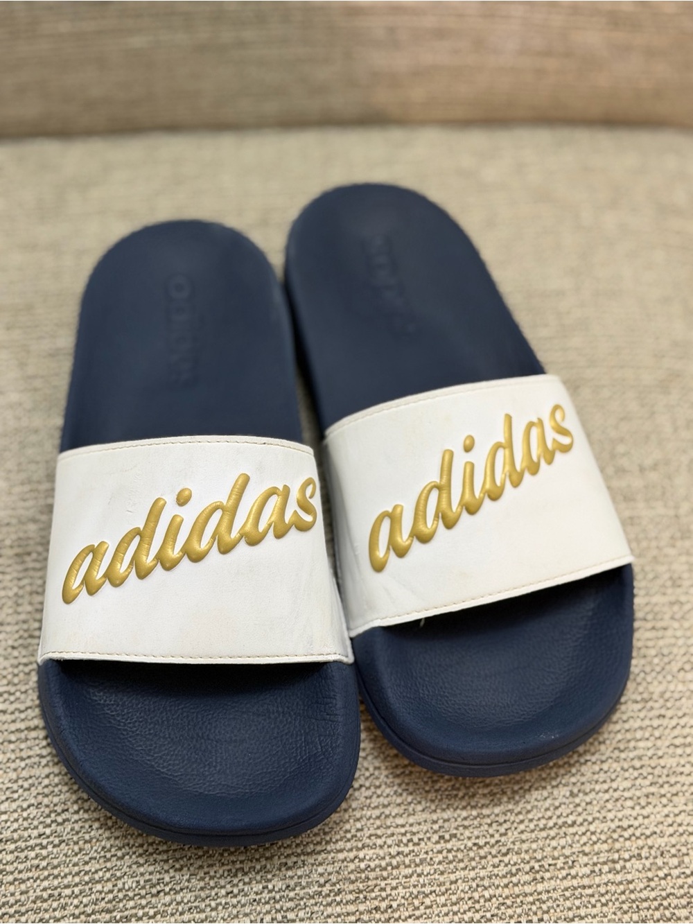 adidas Kids Navy Blue and White Slide Sandals with Gold Script Logo